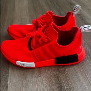 neon orange adidas nmds R1, men size 9.5 US